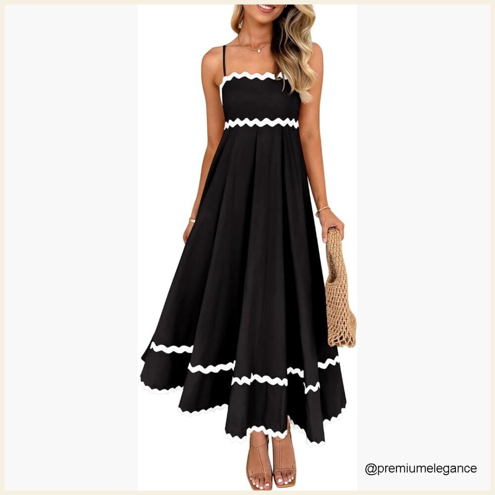 Summer Spaghetti Strap Backless Smocked Midi Dress Flowy Swing A-Line